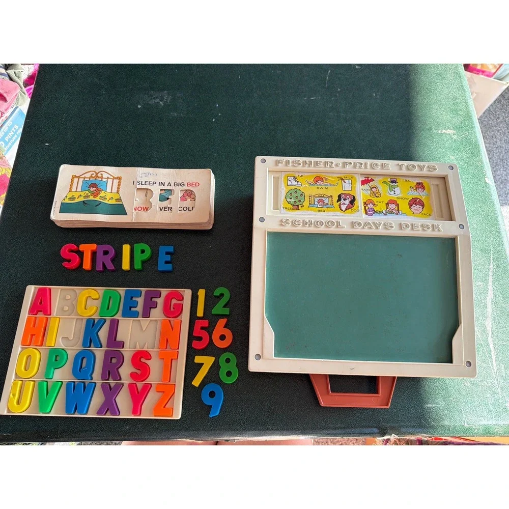 Vintage Fisher-Price School Days Desk 1972 Magnetic Letters Numbers Word Cards